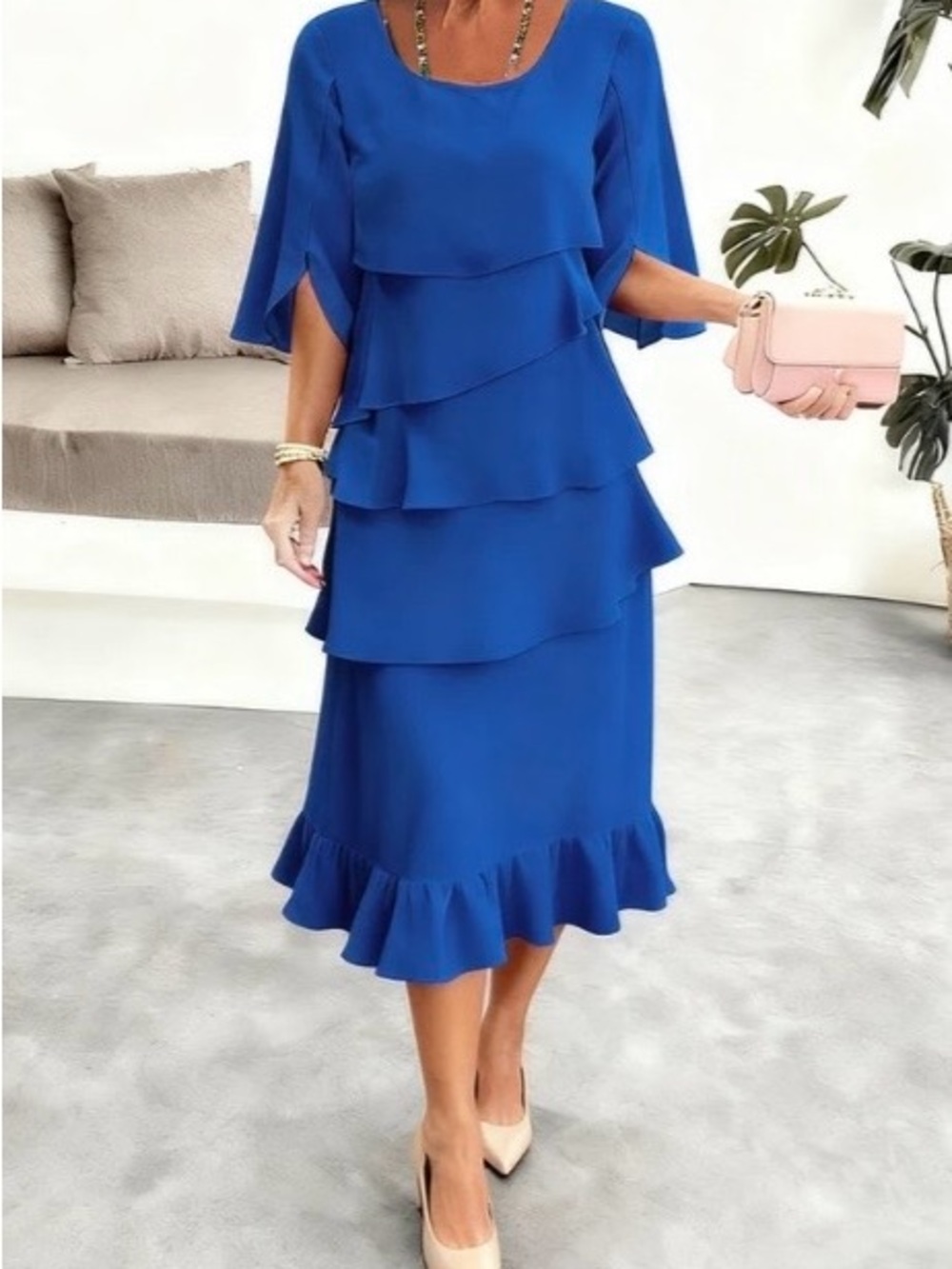 Elegant Blue Tiered Ruffle Midi Dress with Flutter Sleeves